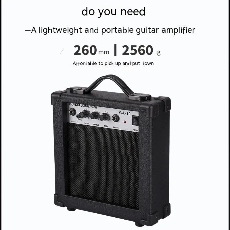 GA-10 portable guitar amplifier with 10W output, metal plastic finish, 25x8x26cm size