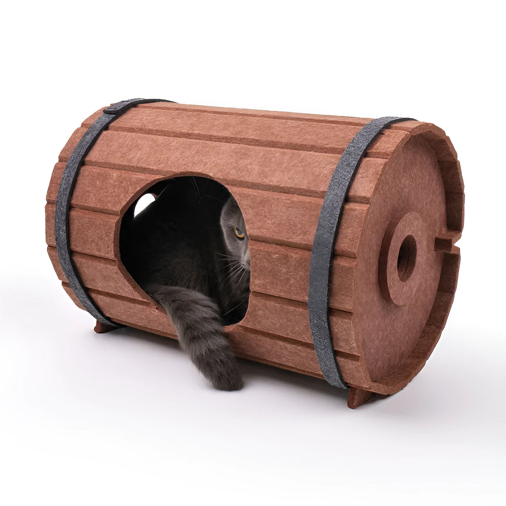 Assembled wine barrel shaped cat bed made from three polyester fibre felt panels