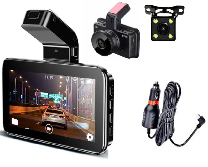 3-inch screen dual lens car dash cam with front and rear recording camera on dashboard