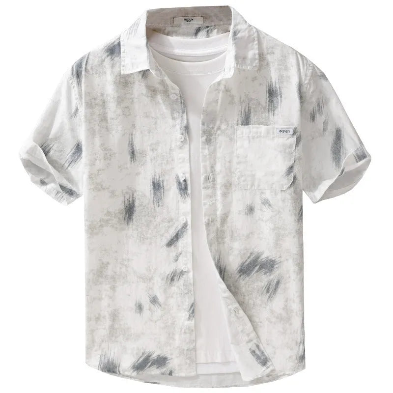 Men's light green cotton cardigan with floral pattern and short sleeves