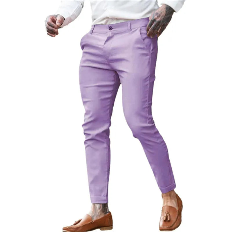 Men's slim fit cotton stretch pencil pants in multiple colours with mid waist and zip fly closure