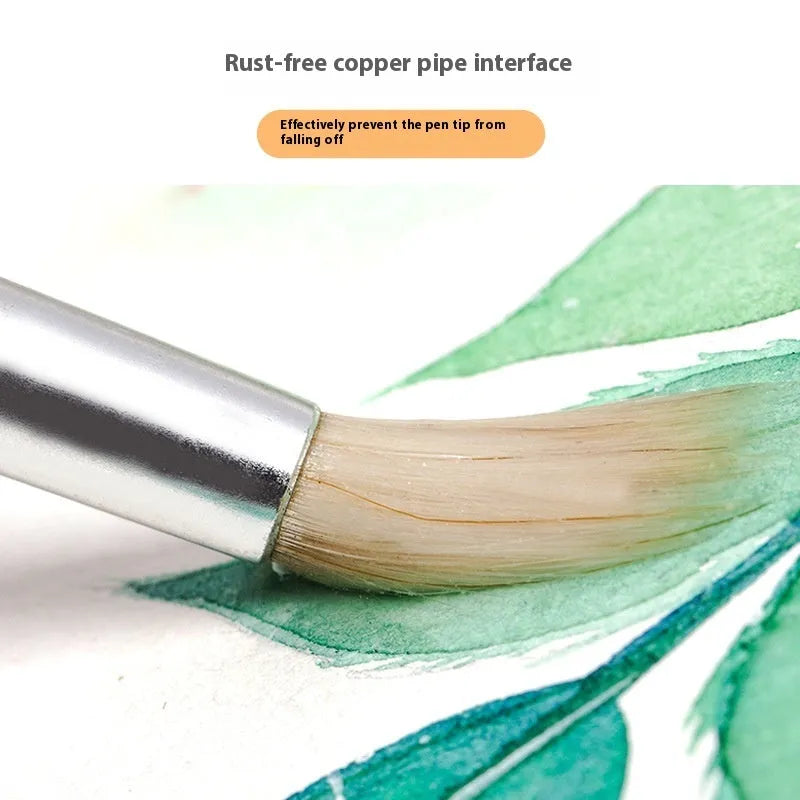 Six wooden-handled pointed pen brushes for wool and fabric crafts laid out together.