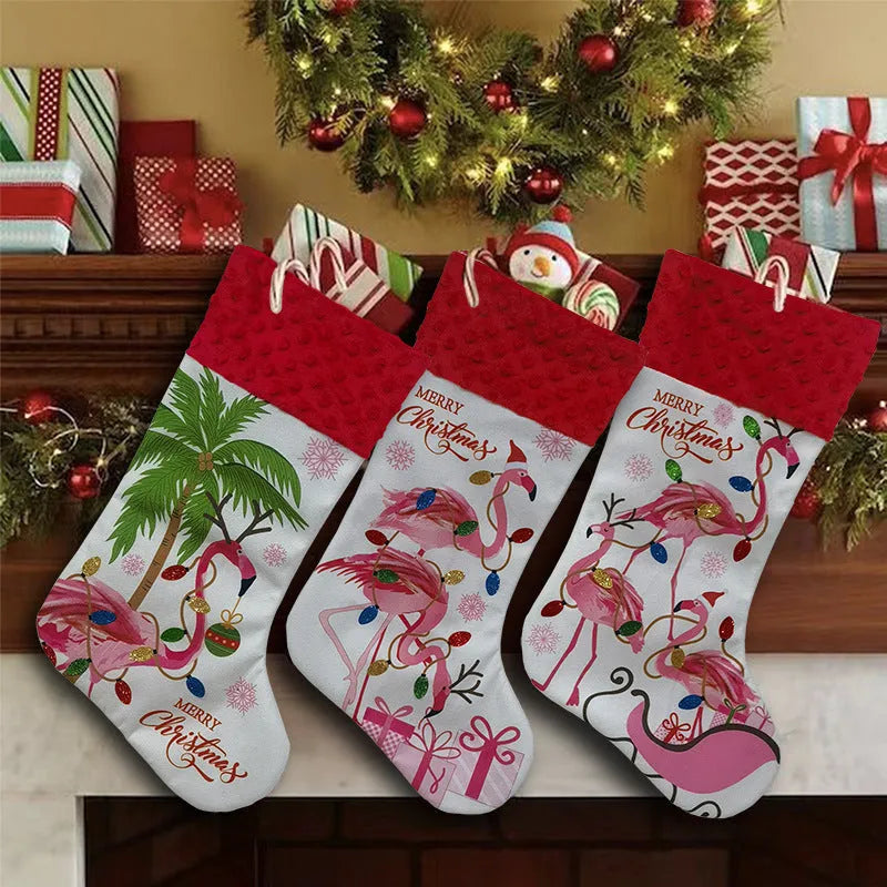Flamingo design cloth Christmas stocking measuring 46 by 28 centimetres.