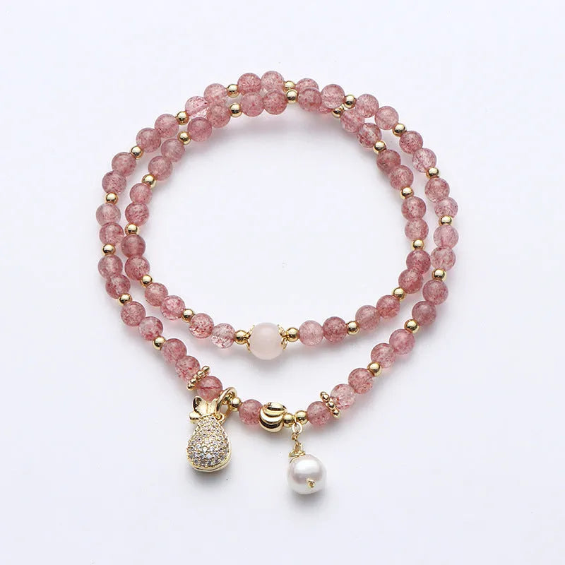 Strawberry quartz crystal bracelet with geometric beads and silver-plated components for women