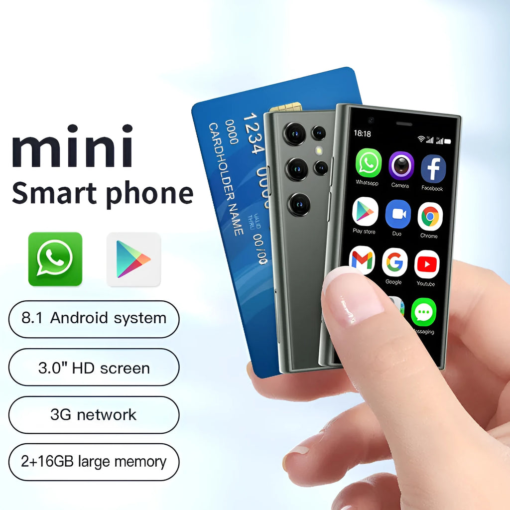 S23PRO XS15 mini smartphone in black, green and pink purple colours, showing straight plate design.