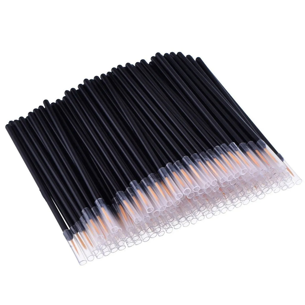 Pack of one hundred black disposable eyeliner brushes with fine point tips and plastic sleeves.