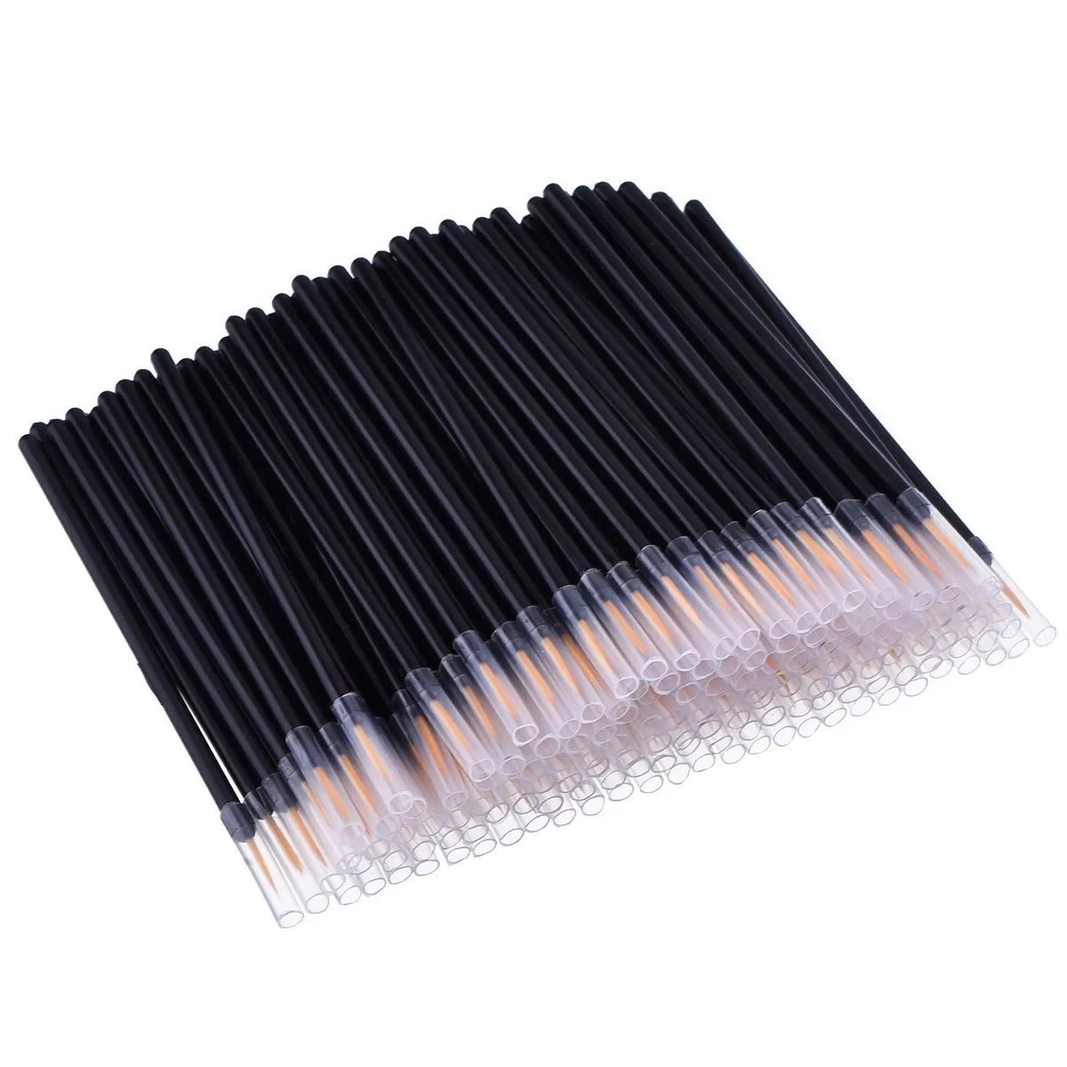 Pack of one hundred black disposable eyeliner brushes with fine point tips and plastic sleeves.