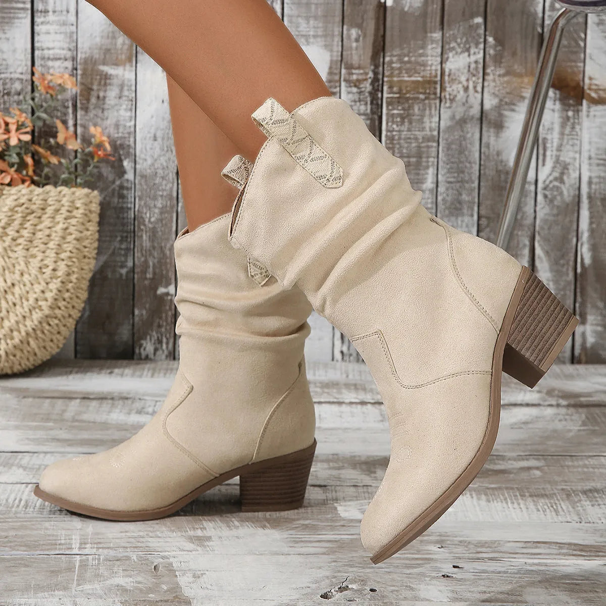 Women's mid-calf suede boots with stout heel in milky white or lotus root colour