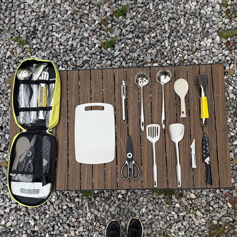 12-piece stainless steel portable picnic kitchenware set in khaki, green or brown colour options