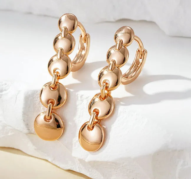 Gold retro long round circle earrings with copper weaving texture
