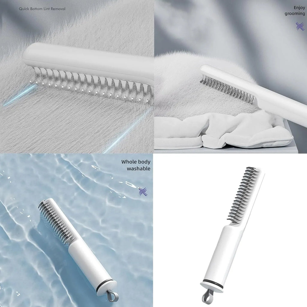 Stainless steel pet dematting comb with handle for removing knots and mats from dog's coat.