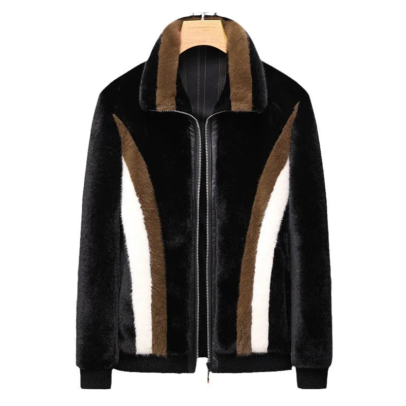 Men's black artificial fur winter jacket, city style, 50cm length, sizes M to 4XL