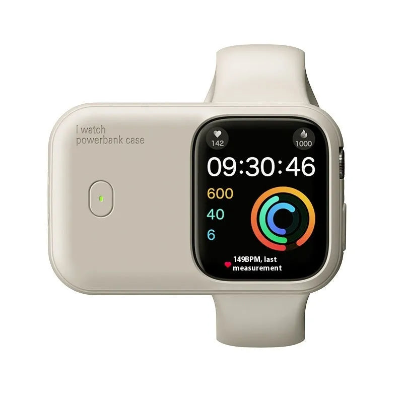 Apple Watch portable wireless charging case with silicone protective cover in Brown, Midnight Blue, or Starlight.