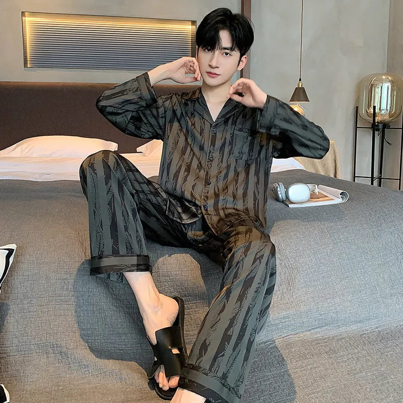 Men's black stripes ice silk pajama set with V-neck top and long trousers