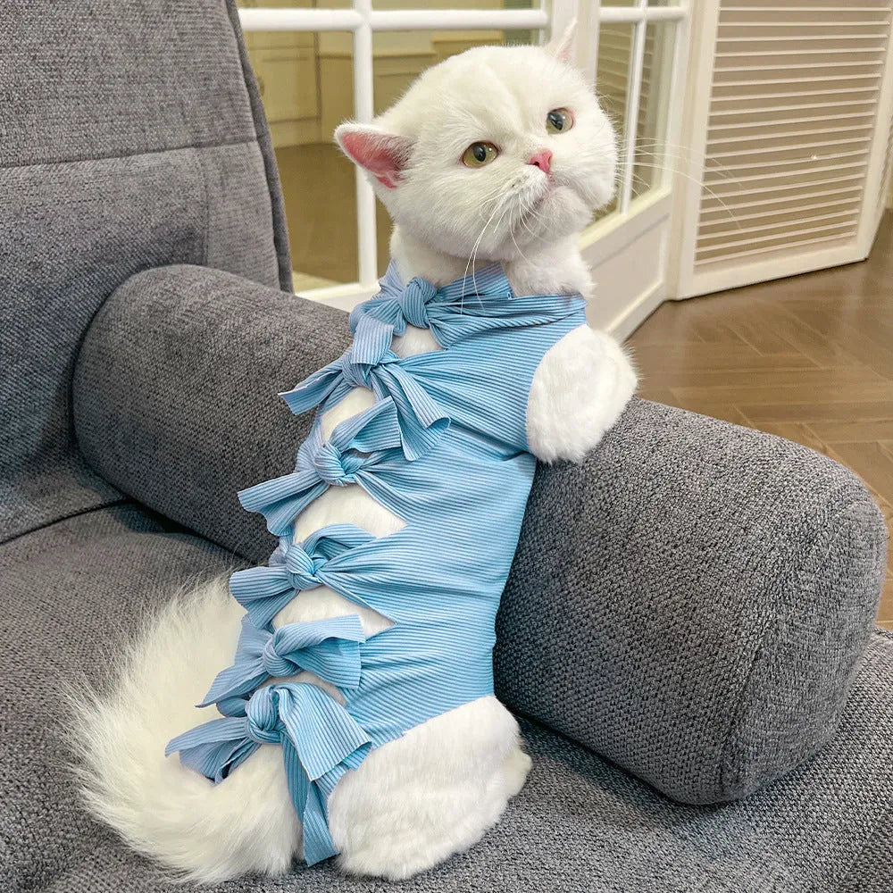 Adjustable polyester cat recovery suit for post-operation wear in blue colour with lace-up closure