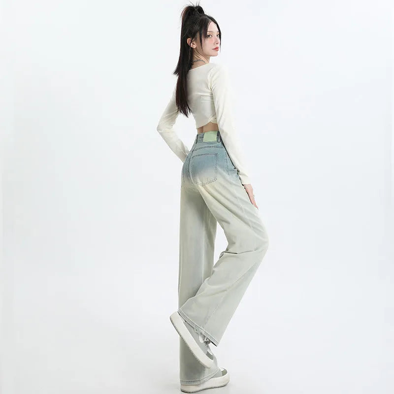 Women's gradient blue straight-leg wide trousers made from cotton denim fabric