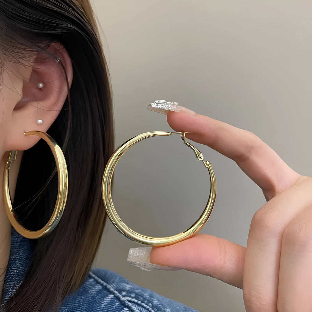 Silver plated geometric circle earrings with 925 silver needle, 5cm diameter