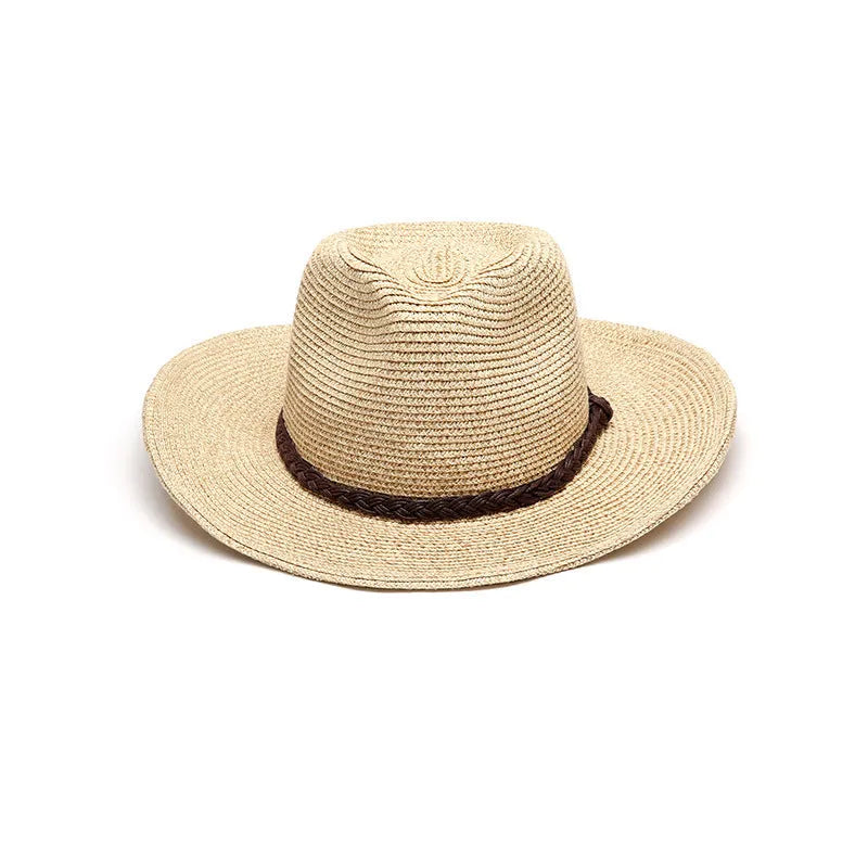 Men's foldable straw sun hat with large brim in beige colour on wooden surface