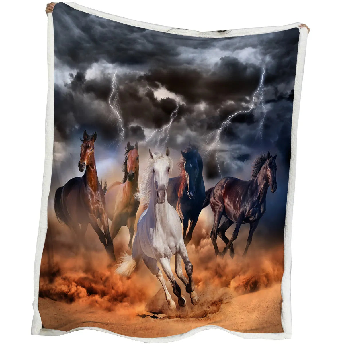 Horse themed lamb wool blanket in black, shown draped over a sofa, size 130x150cm