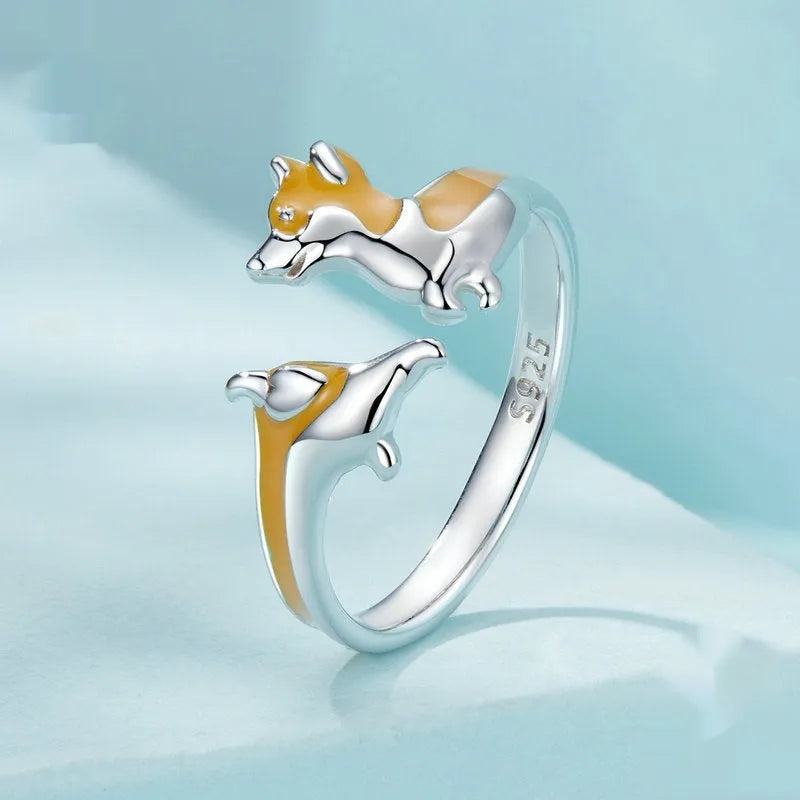 Women's silver electroplated ring with cartoon corgi pet design in SCR1014-E colour