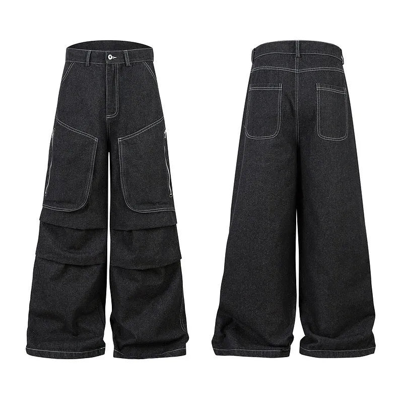 Black multi-pocket pleated workwear jeans with zip placket closure on mannequin