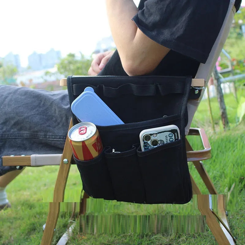 Multifunctional canvas storage bag in beige apricot for outdoor camping side hanging armrest use
