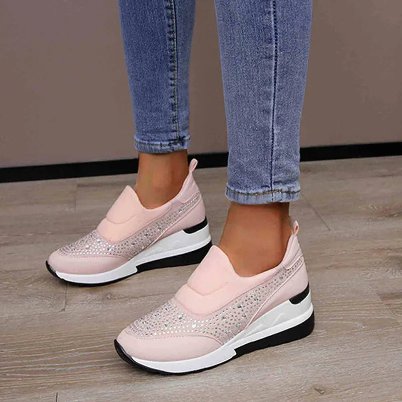 Rhinestone wedge flats for women with inner height increase, round toe, PU upper, black colour, side view