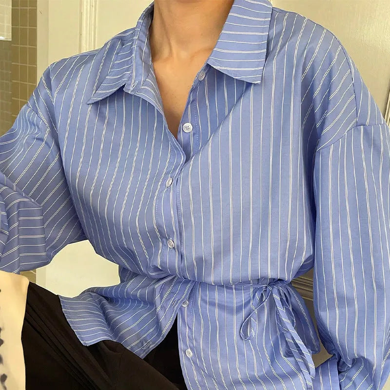 Striped long sleeved polyester shirt with regular sleeves and round neck, sizes S to XL