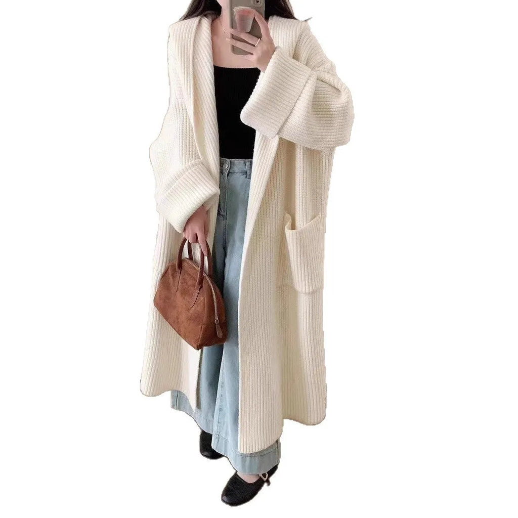 Women's loose hooded cardigan coat in acrylic knit fabric with 80cm length