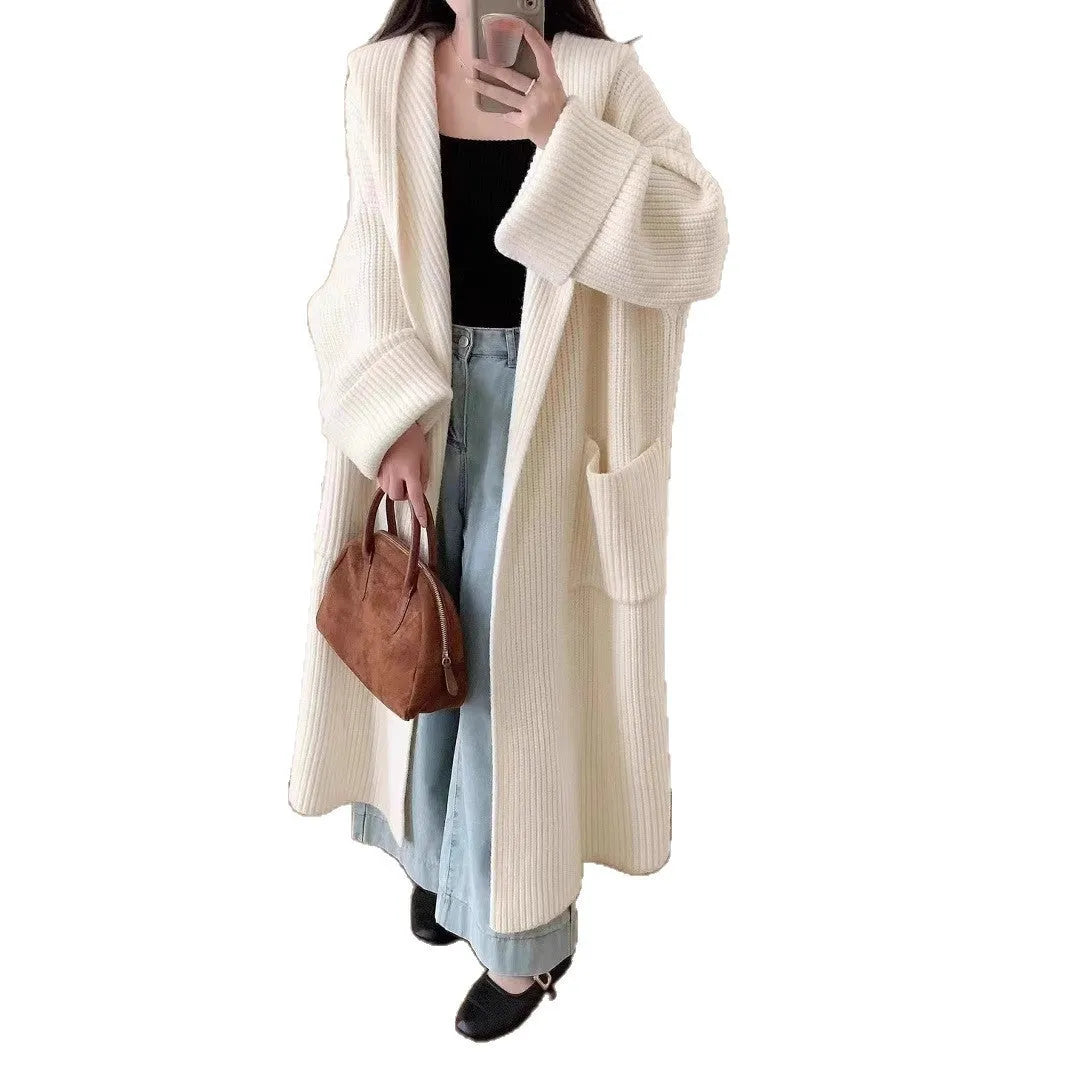 Women's loose hooded cardigan coat in acrylic knit fabric with 80cm length