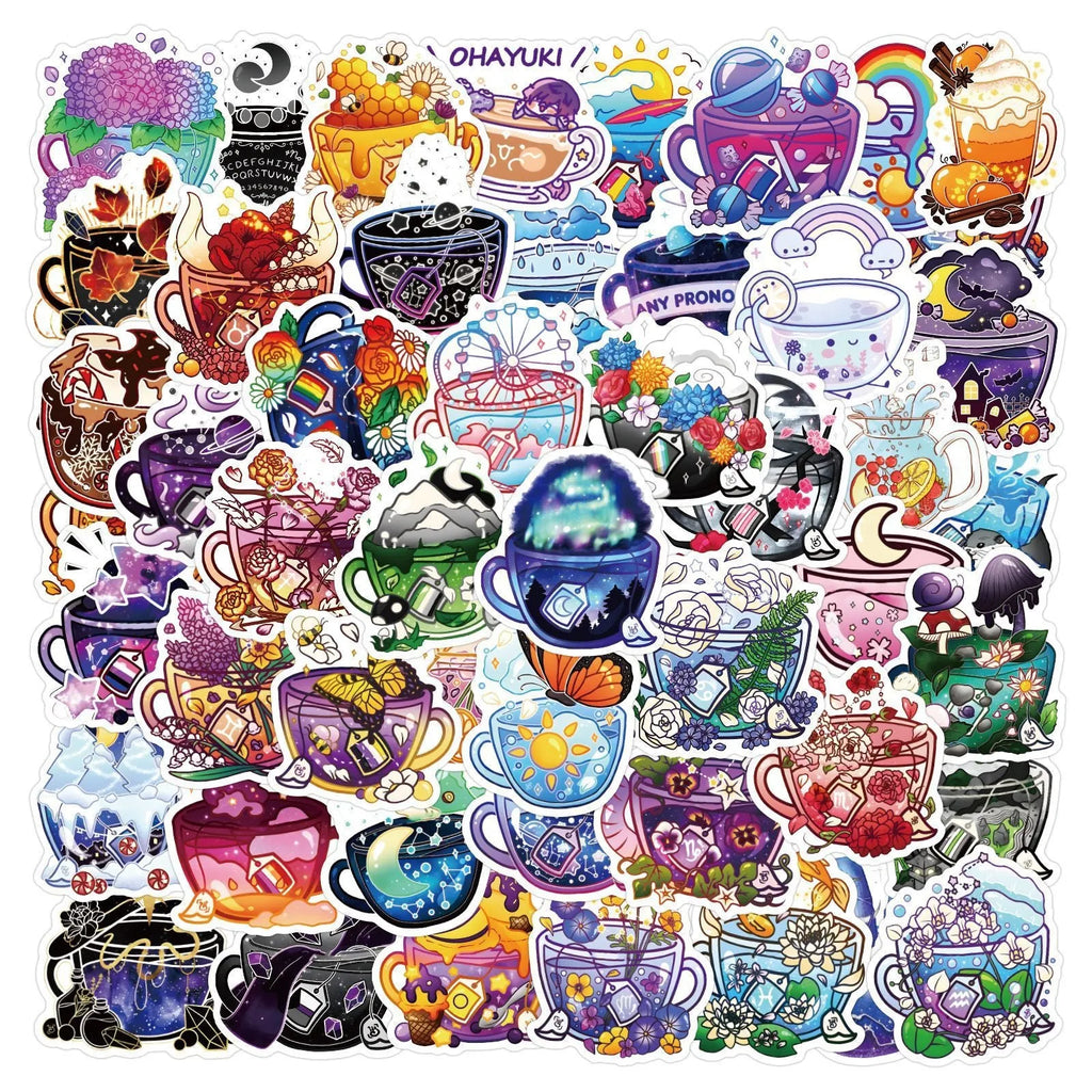 Colourful tea cup graffiti waterproof stickers for luggage and scooter decoration, 50-piece set