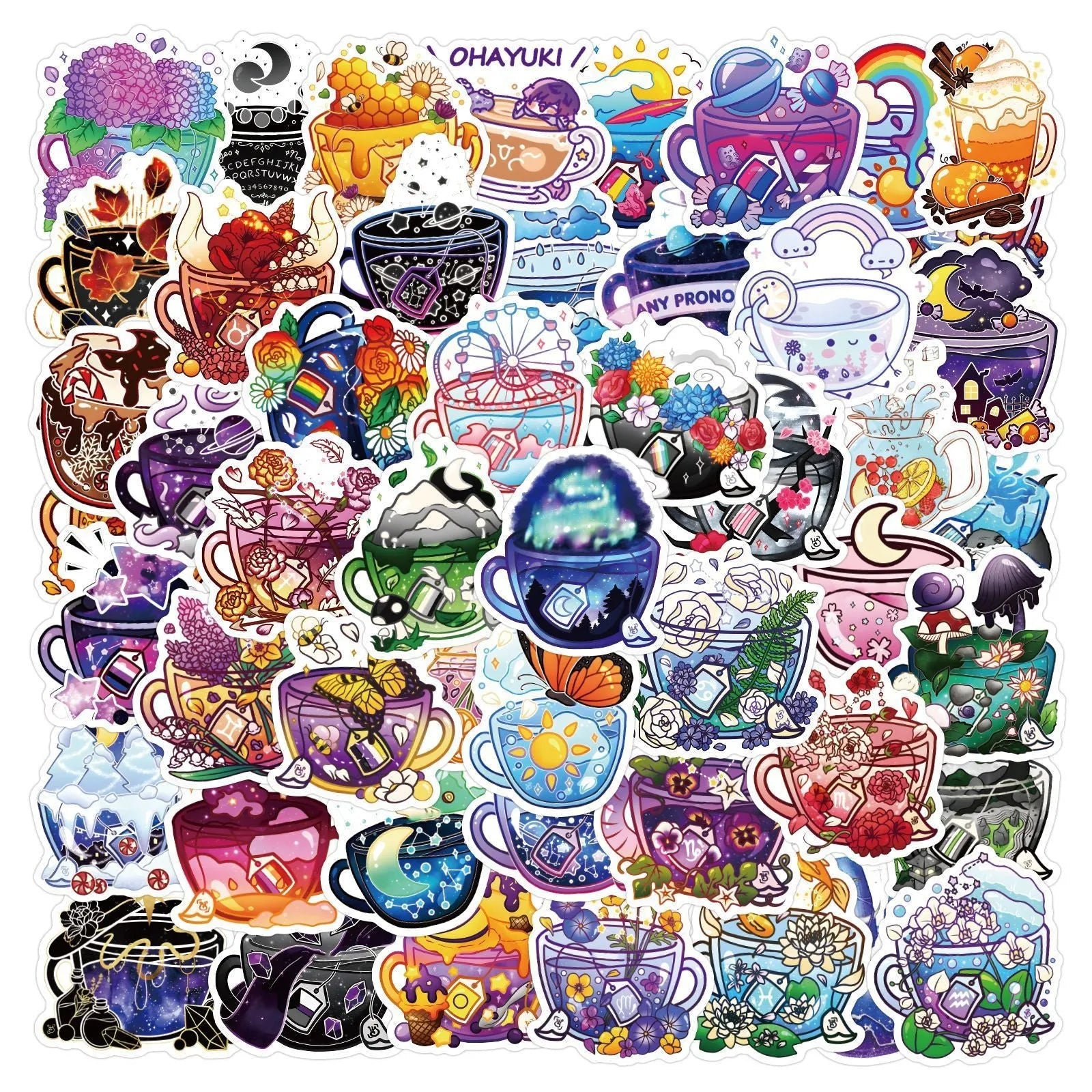 Colourful tea cup graffiti waterproof stickers for luggage and scooter decoration, 50-piece set