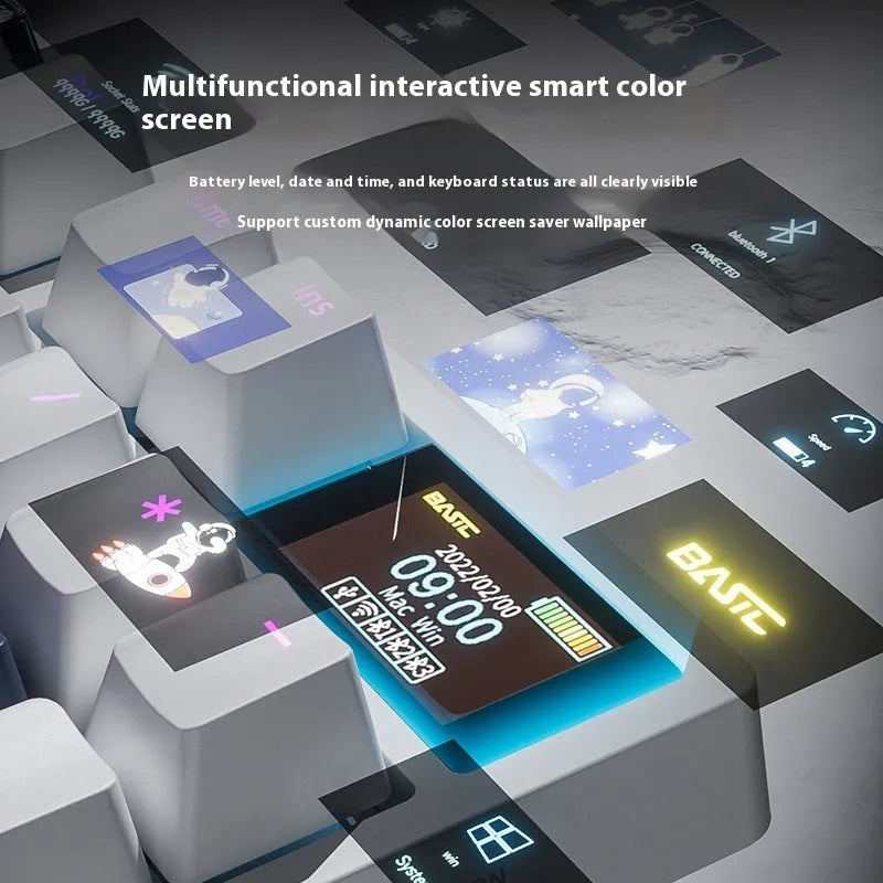 Wireless mechanical keyboard with three-mode Bluetooth, 88-98 keys, RGB backlight, hot swap switches, and colour screen display