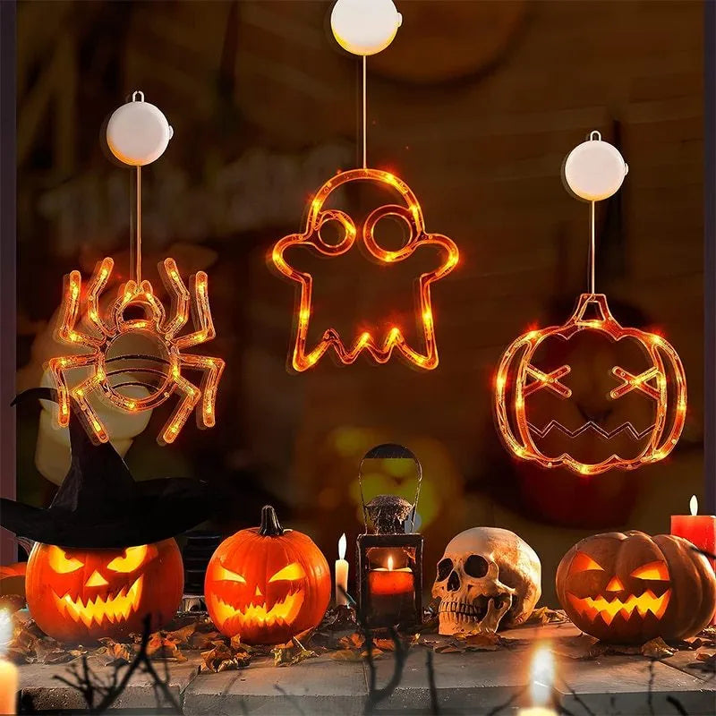 Seven Halloween-themed battery LED window lights with spiders, pumpkins, ghosts on suction cups