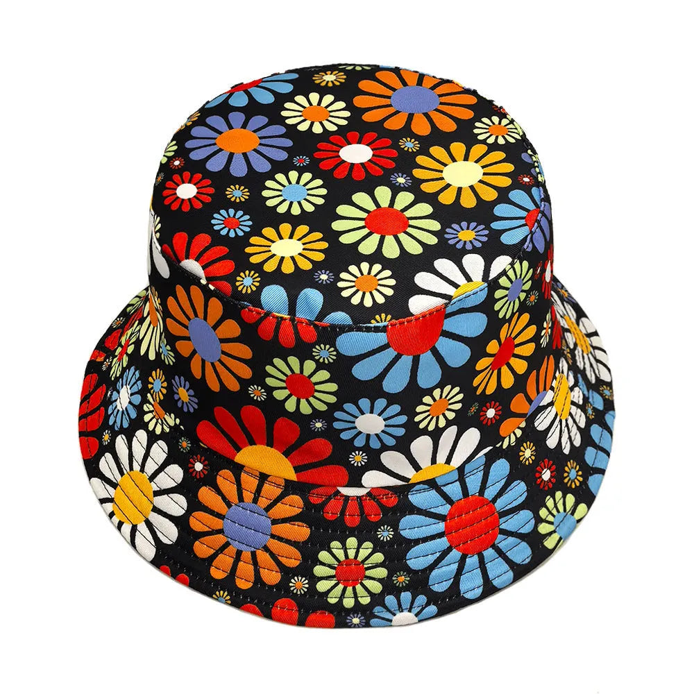Colourful flowers pattern polyester bucket hat with dome crown in retro style