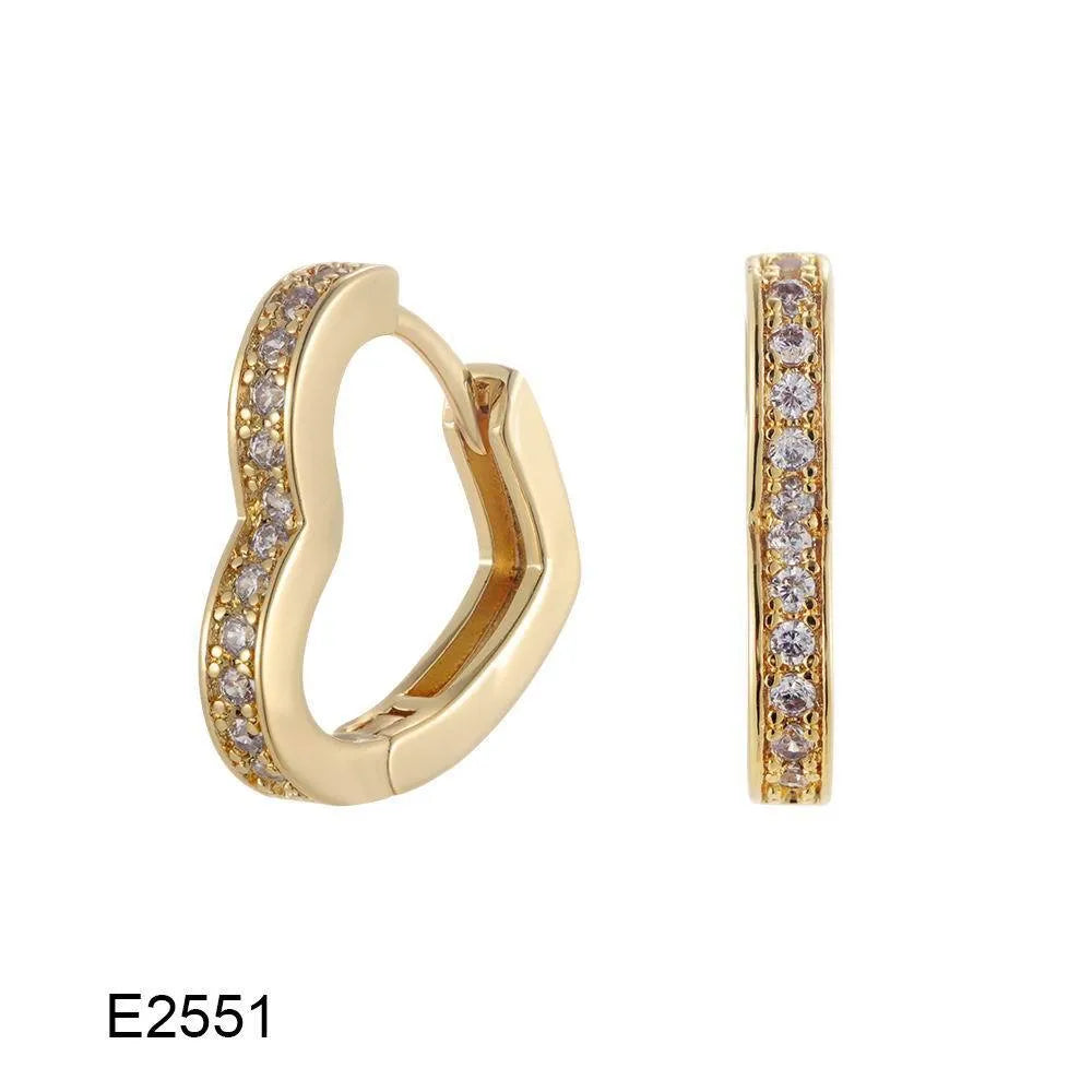 Brass gold plated heart-shaped clip earrings with zircon and gang drill decoration on copper