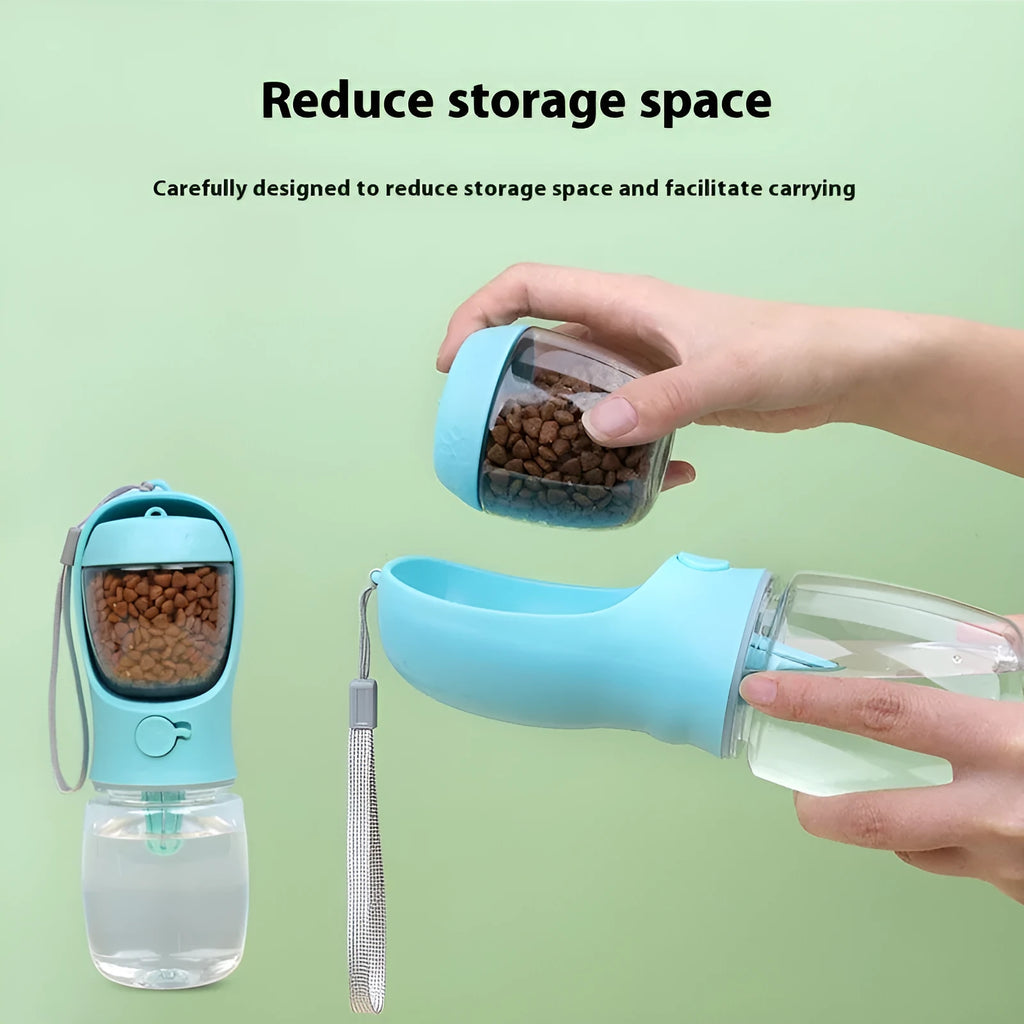 Blue portable dog drinking cup with split water grain design showing 550ml capacity markings