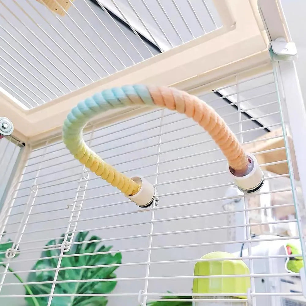 Gradient bendable bird rope perch set with U-shaped perch, long rope and circular swing in a birdcage