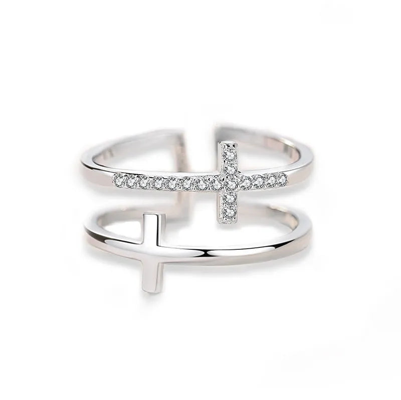 Women's adjustable copper ring with geometric double cross design and zircon detailing