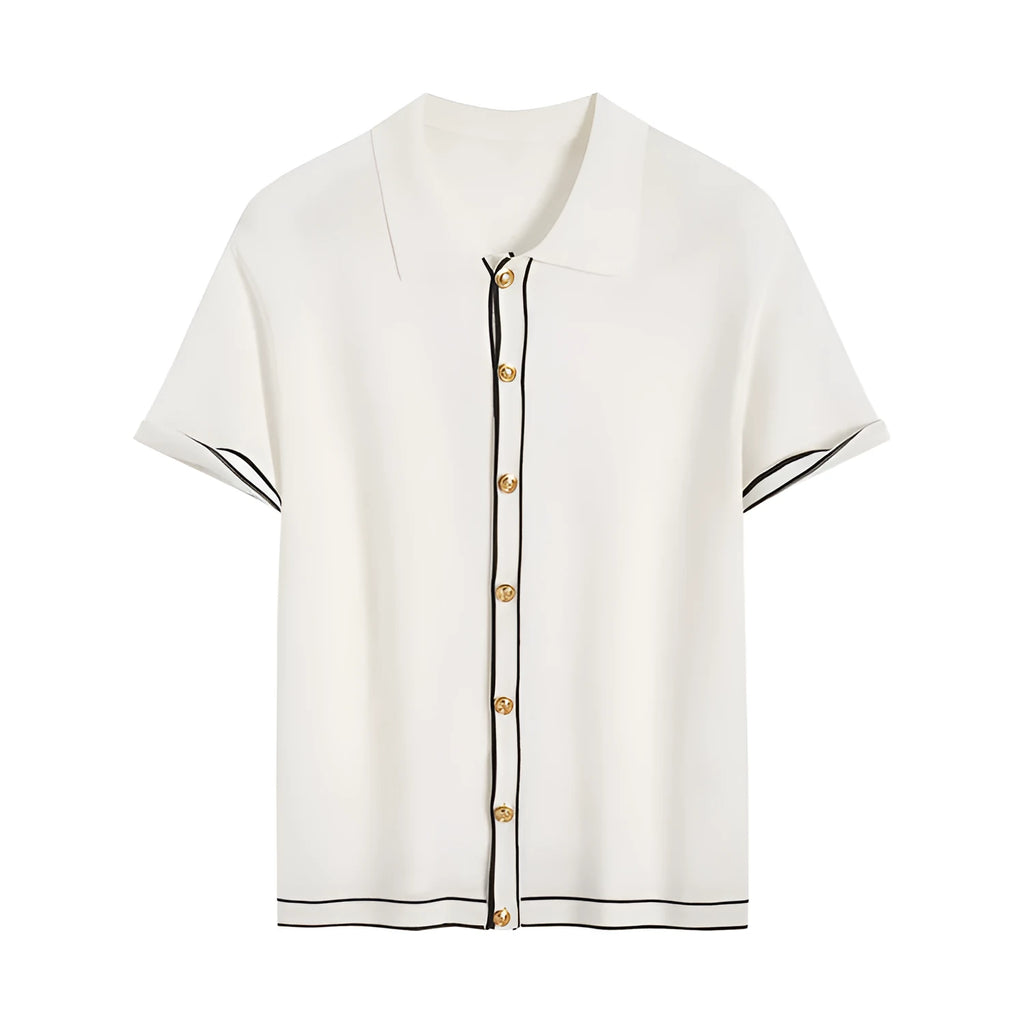 White short sleeve cardigan with contrast colour lapels on a hanger.