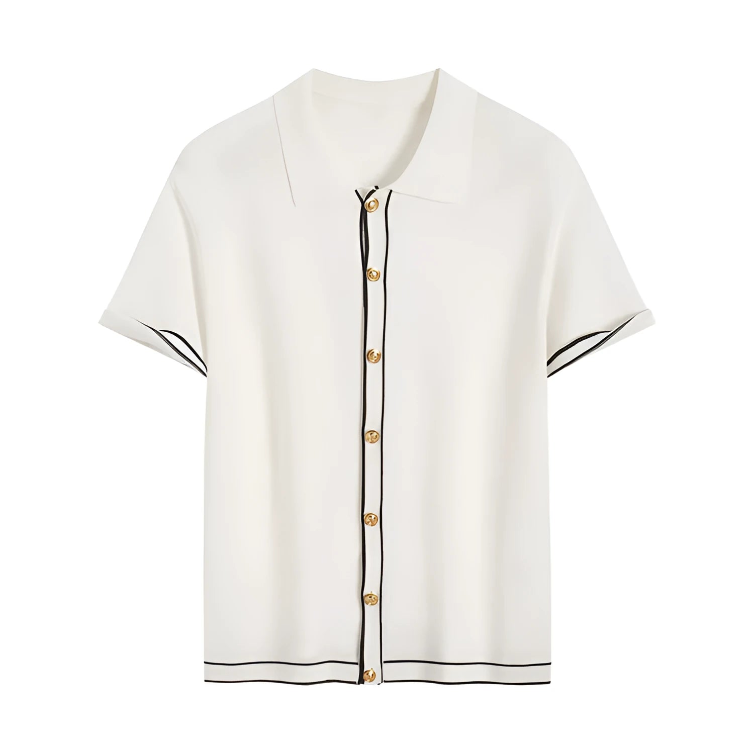 White short sleeve cardigan with contrast colour lapels on a hanger.
