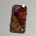 Red plush plaid cartoon bear drop-resistant phone case for Apple iPhone with scarf detail