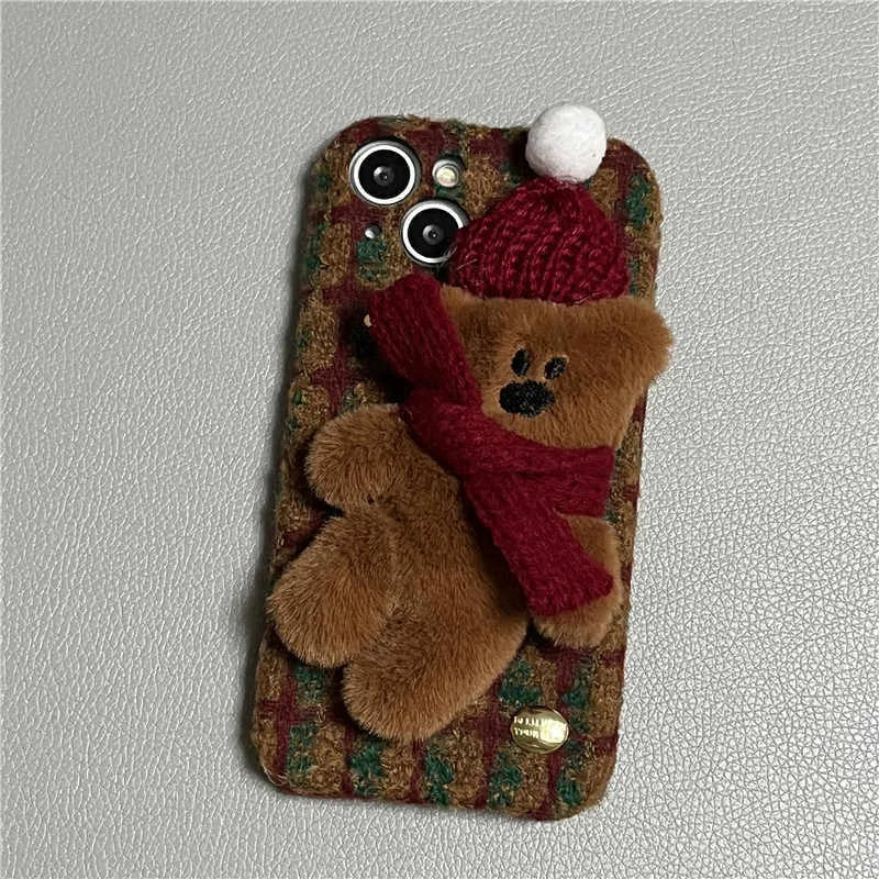 Red plush plaid cartoon bear drop-resistant phone case for Apple iPhone with scarf detail