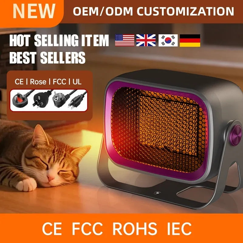 Compact white desktop ceramic fan heater showing control buttons and rotatable base.