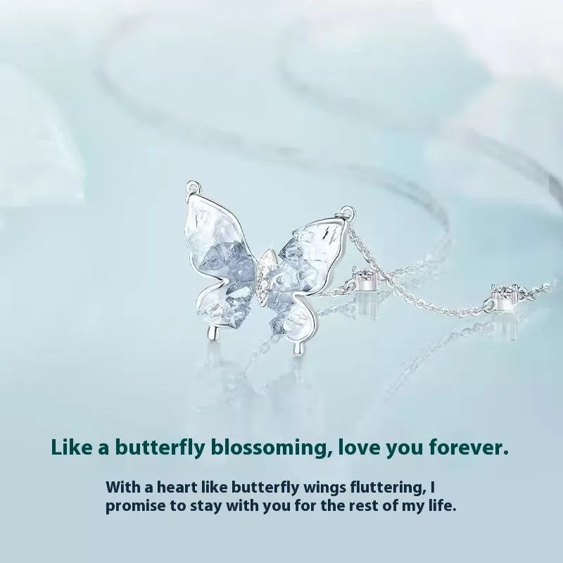 Bingyu butterfly necklace in S925 silver with ice rain pendant on adjustable chain