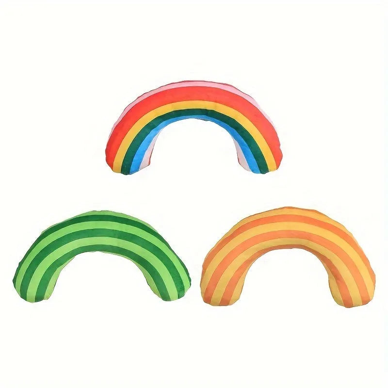 Cat toy set showing noise-making toy with catnip strip and striped pattern cat pillow in green, rainbow, or yellow