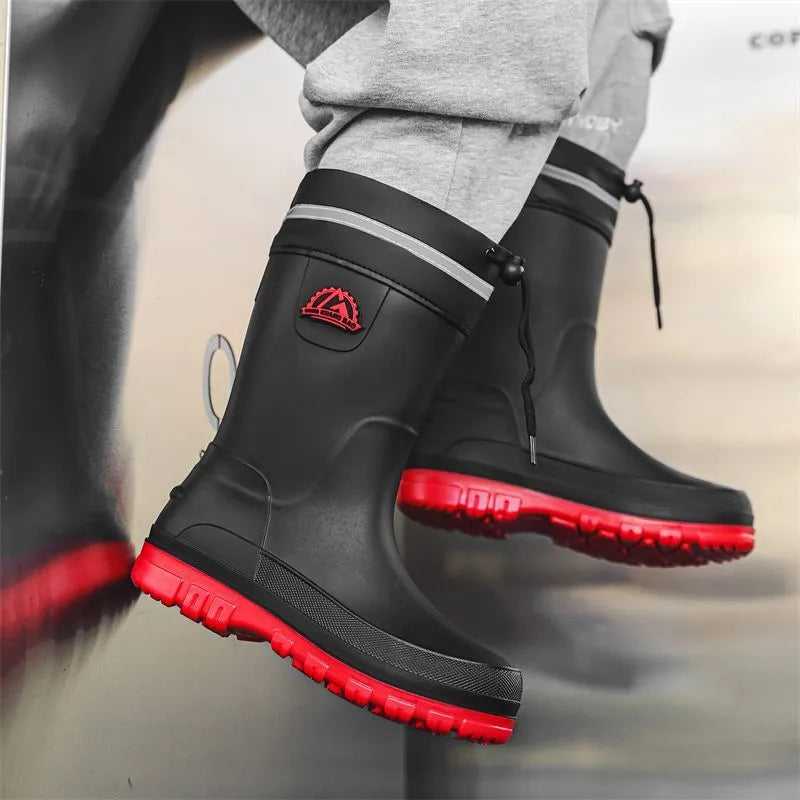 Men's outdoor non-slip PVC rain boots with flat heel, black drawstring style, sizes 39-47