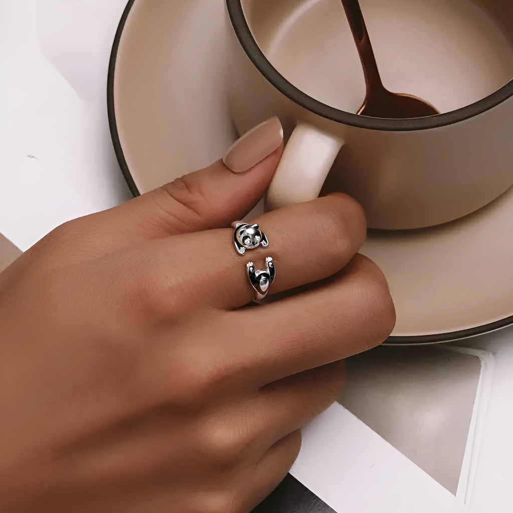 Panda sterling silver open ring with white gold plating and adjustable opening