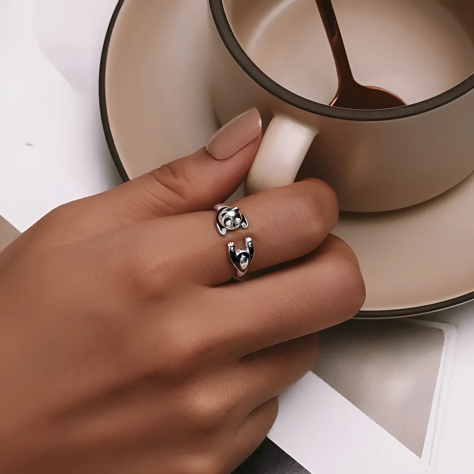 Panda sterling silver open ring with white gold plating and adjustable opening