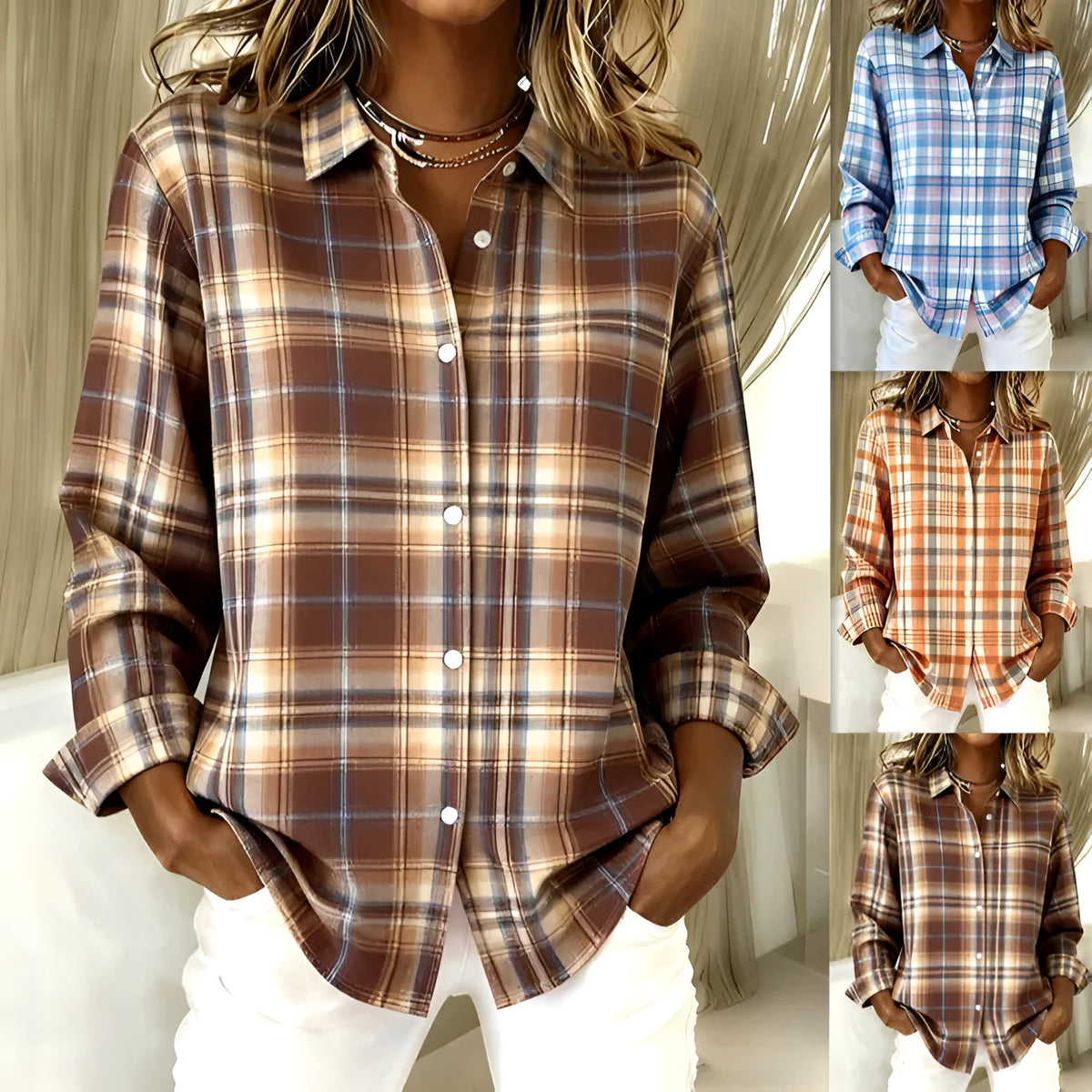 Women's long-sleeved lapel plaid button shirt top in light brown polyester cotton